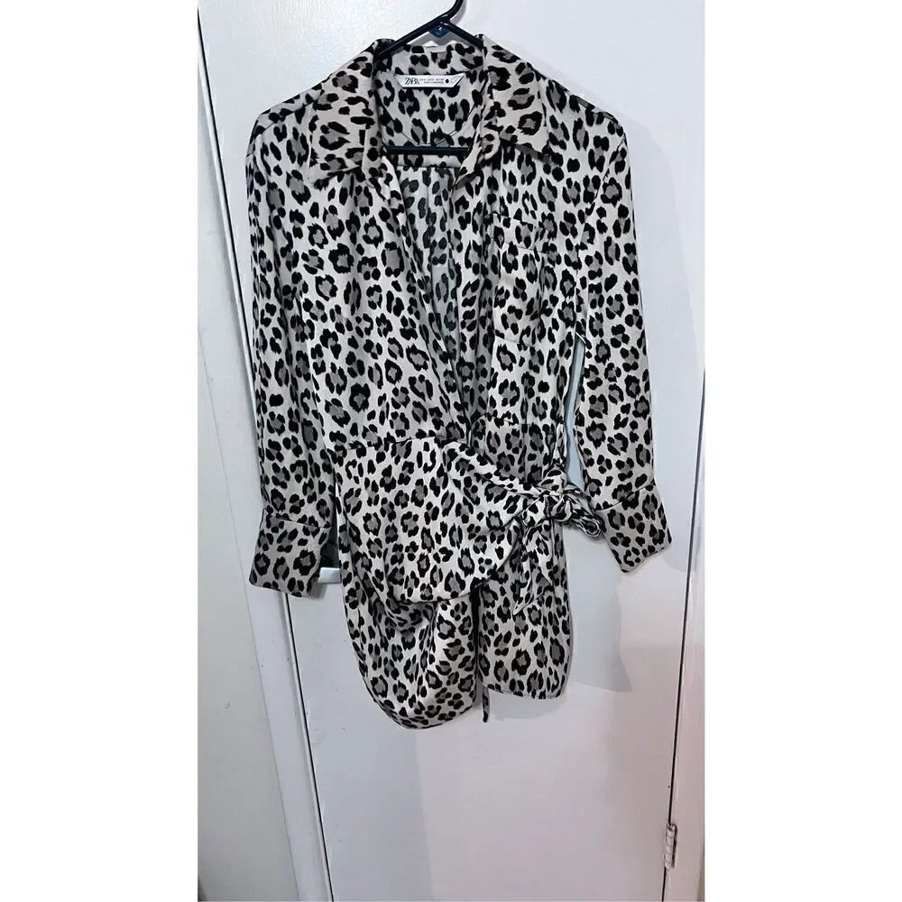 Zara Leopard Print Wrap Satin Dress Womens Size S